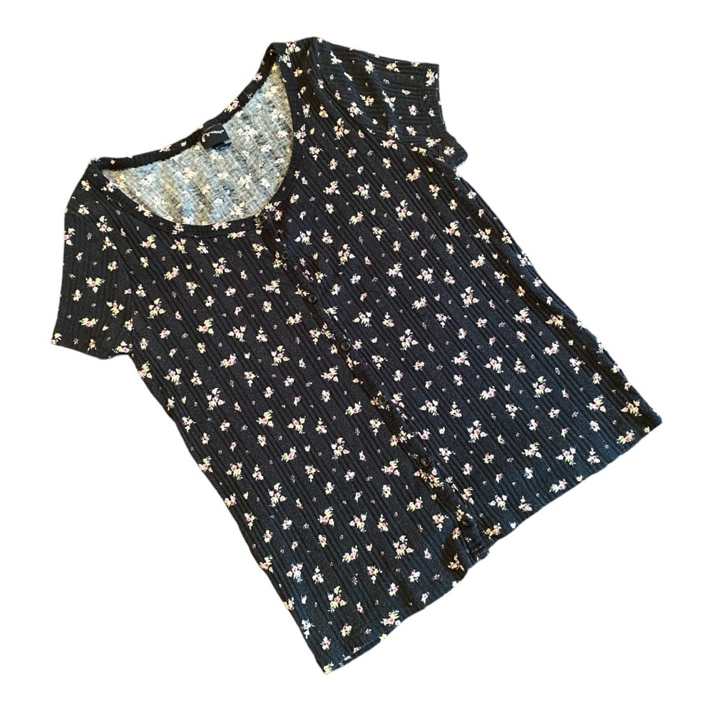 Art Class Girls Ribbed Floral Button Front Top Shirt XL 14-16 Black Pink